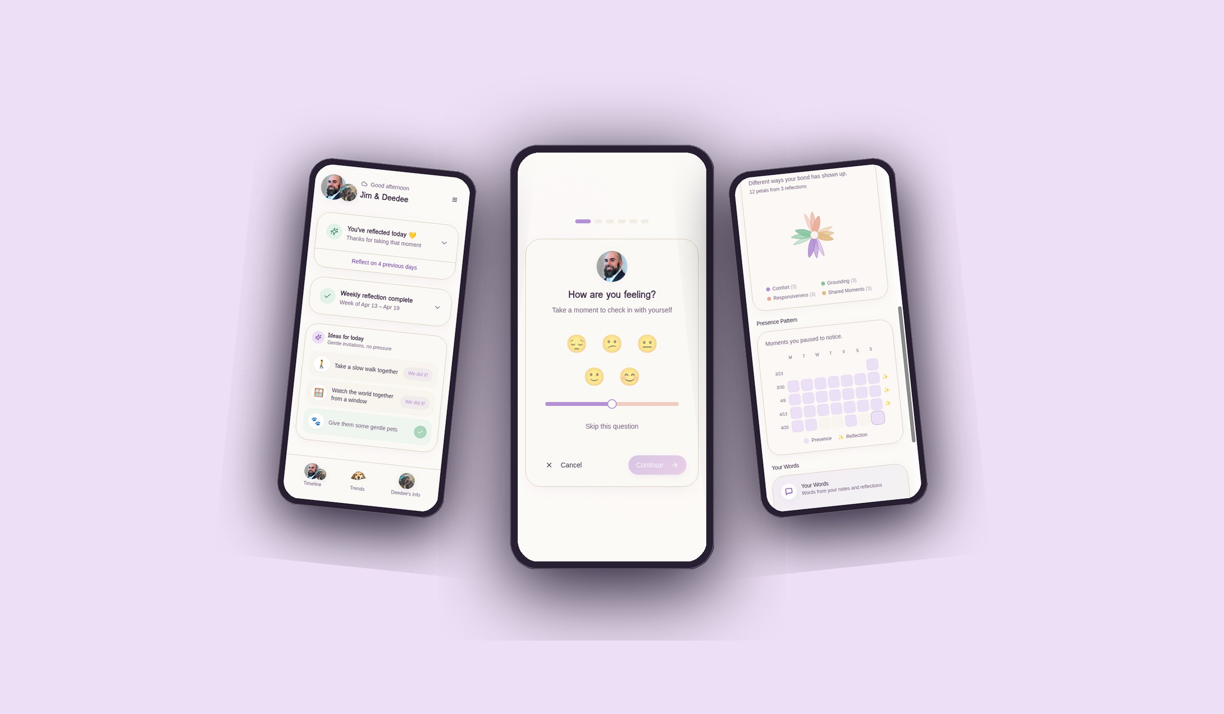 Flentil app shown on three phones — preview of Home, Daily Reflection, and Trends