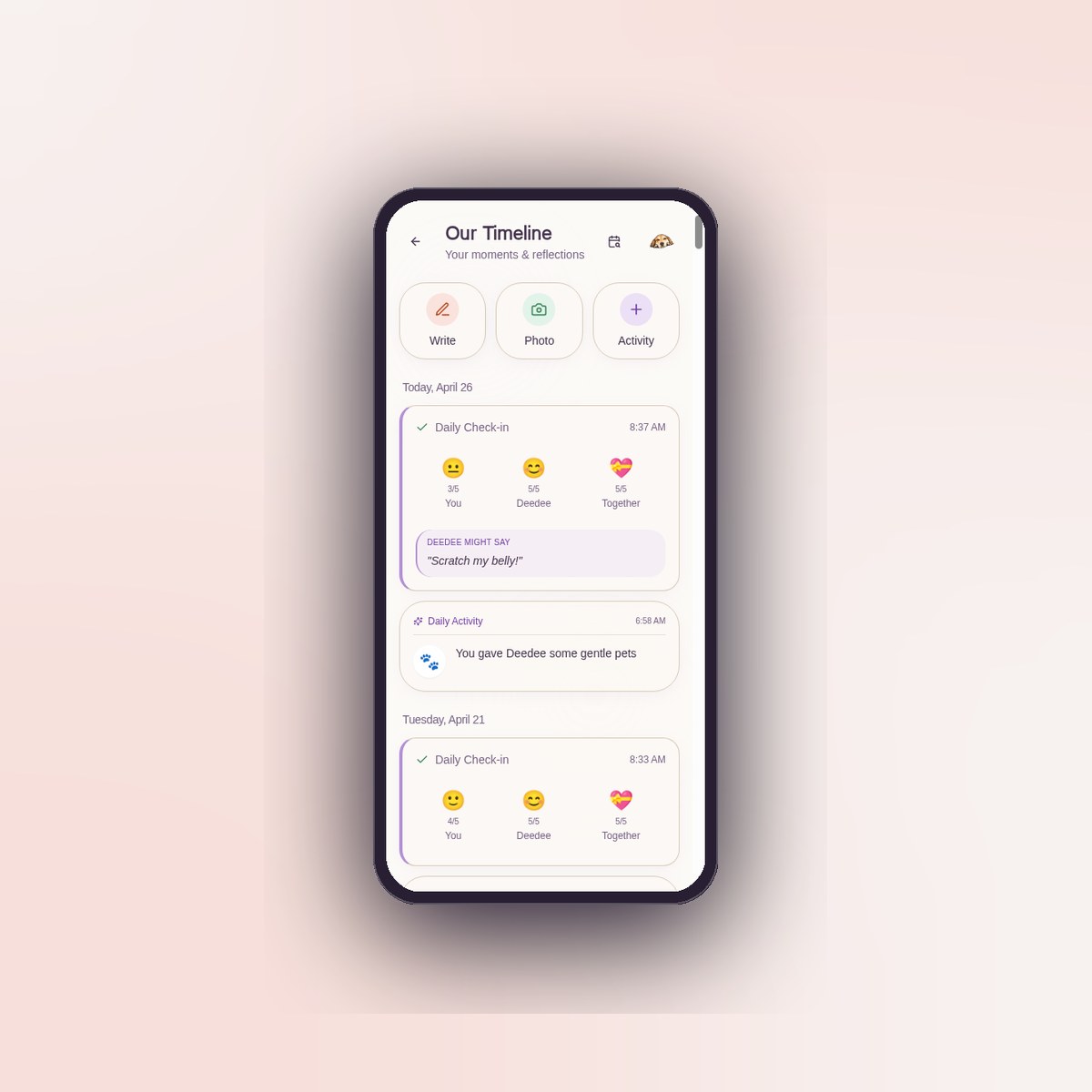 Our Timeline showing daily check-ins, photos and activities