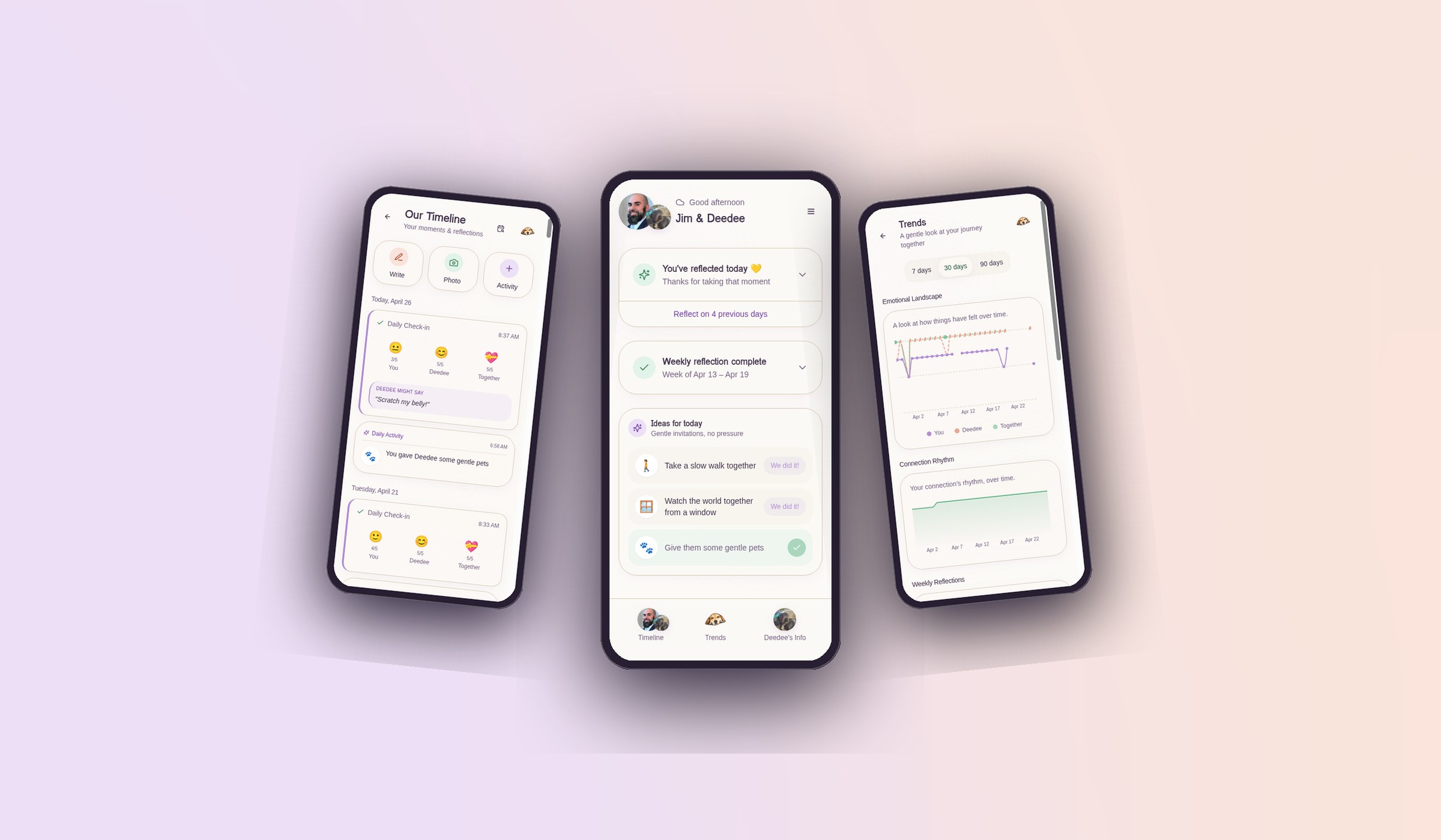 Flentil app shown on three phones — Our Timeline, Home with Jim and Deedee, and Trends